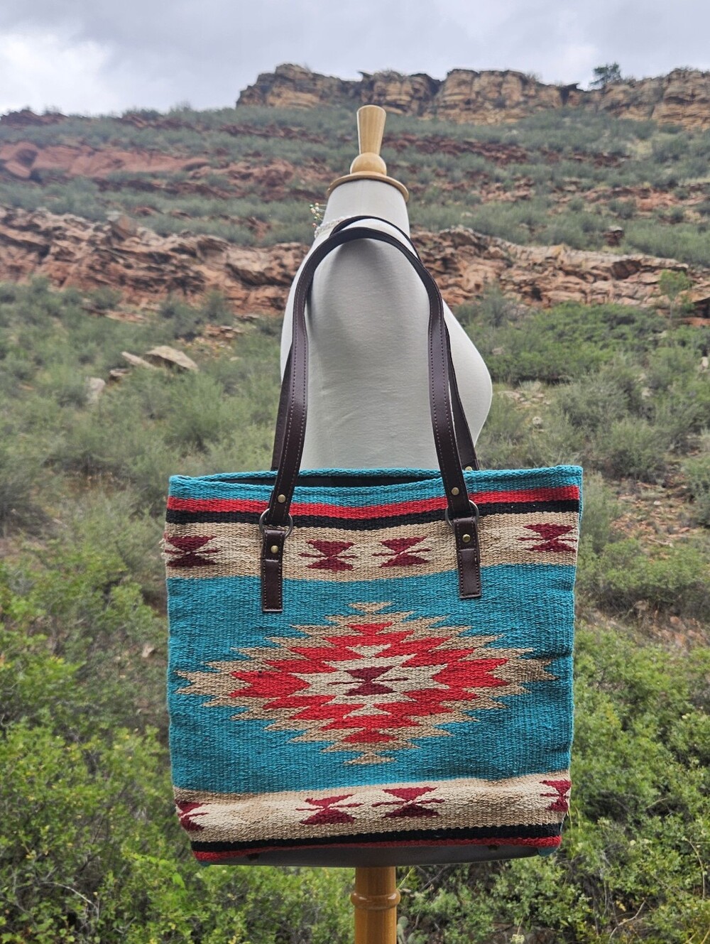 Turquoise Red Southwestern Pattern Tote Bag El Paso Saddleblanket Purse - Picture 2 of 4